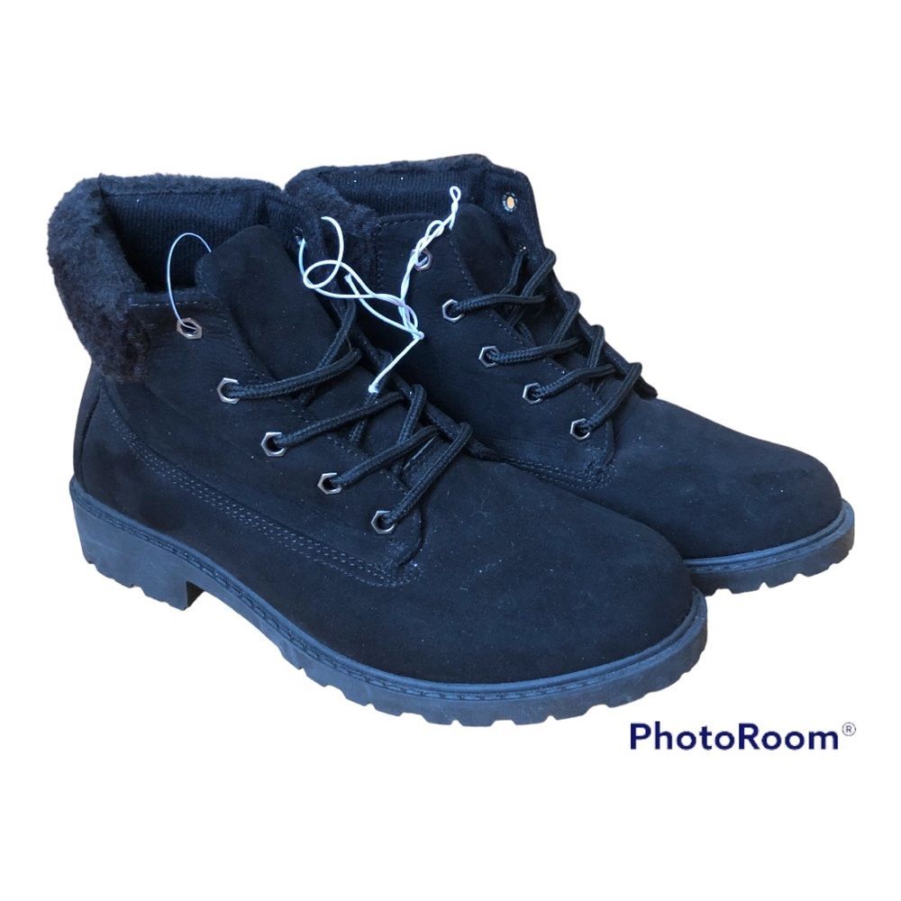 Bobbie Brooks Hiker Boots Sz 8 Fur Trim Black Velour NEW NWT